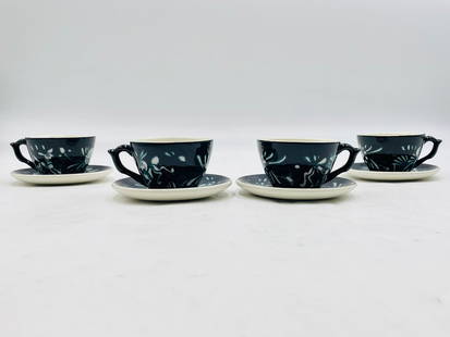 Los Castillo, Mexican Folk Art Ceramic Tea Set, Marked Taxco: Offered is a rare vintage ceramic tea set made by the iconic Los Castillo workshop in Taxco, Mexico. This collectible set includes four matching tea cups and four saucers, each individually hand-paint