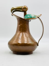 Sculptural Mexican Copper Pitcher with Turquoise Bird Handle by Alfredo Villasana