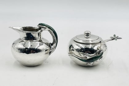 Emilia Castillo for Los Castillo Silverplate Creamer & Sugar Set w/ Malachite Inlay