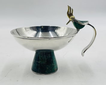Bird of Paradise Bowl by Los Castillo – Malachite Inlay & Silverplate, Mexico 1960s
