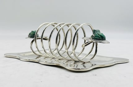 Emilia Castillo Silverplate Desk Organizer – Malachite Frog Detail, Mexico 1990