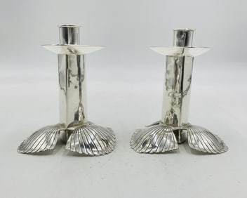 Pair of Emilia Castillo Silverplate Shell Candle Holders – Signed, Taxco Mexico