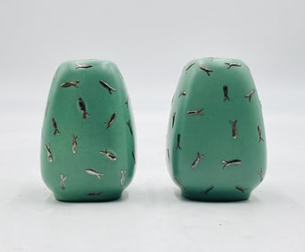 Emilia Castillo Salt & Pepper Shakers – Porcelain & Pure Silver Inlay, Hand-Signed, Mexico