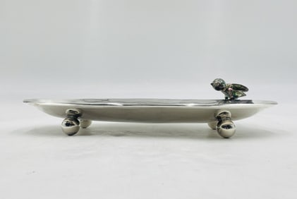 Los Castillo Footed Tray with Abalone Bird – Signed Taxco, Handcrafted in Mexico