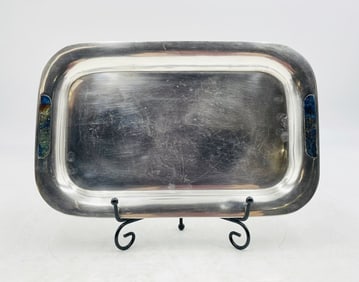 Los Castillo Silver-Plated Tray with Lapis Lazuli & Azurite Inlay, Mid 20th Century Mexico