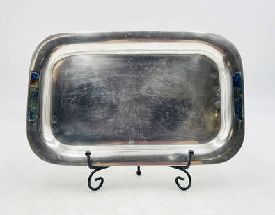 Los Castillo Silver-Plated Tray with Lapis Lazuli & Azurite Inlay, Mid 20th Century Mexico: Elegant rectangular serving tray handcrafted by the renowned Mexican silversmith workshop Los Castillo, Taxco. This substantial piece is executed in silver plate with gently rounded corners and inset
