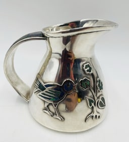 Los Castillo Silver-Plated Water Pitcher with Lapis Lazuli & Malachite Inlay, Signed Mexico