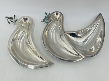 Pair of Los Castillo Silver-Plated Dove Trays with Enamel Olive Branch, Signed