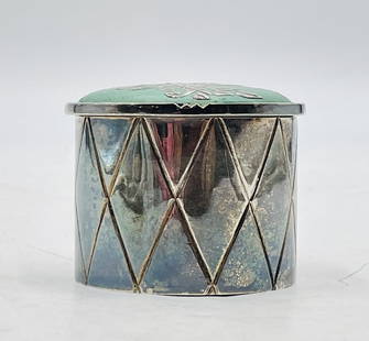 Emilia Castillo Hand-Signed Silver Jewelry Box with Frog Motif, Mexican Modernist Design: Charming round jewelry box designed and hand-signed by Emilia Castillo, renowned Mexican designer known for her nature-inspired motifs and intricate metalwork. This small lidded container features a l