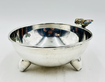 Los Castillo Silver-Plated Decorative Bowl with Abalone Bird, Signed Taxco, Mexico 1960's