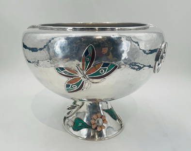 Rare Large Emilia Castillo Silver-Plated Punch Bowl with Stone Inlay, Taxco Mexico, 1980s: A rare and exceptional large-scale silver-plated punch bowl by acclaimed Mexican designer Emilia Castillo, handcrafted in Taxco, Guerrero during the 1970s. This piece exemplifies Castillo’s distinct