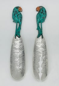 Rare Emilia Castillo Serving Utensils with Verdigris Parrot Handles, Silverplate & Brass, Taxco