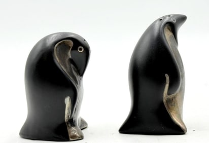 Charming Emilia Castillo Penguin Salt & Pepper Shakers, Porcelain & Pure Silver, Signed