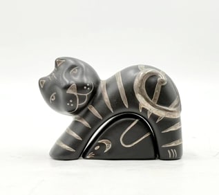 Porcelain & Pure Silver Cat & Mouse Shakers by Emilia Castillo