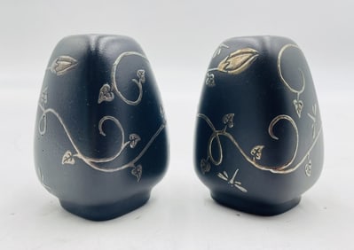 Emilia Castillo 1998 Signed Salt & Pepper Shakers, Porcelain with Silver Inlay