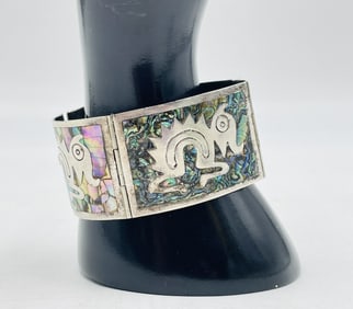 Mid-Century Mexican Silver & Abalone Bracelet by Jose H. Flores, 1950s, Signed