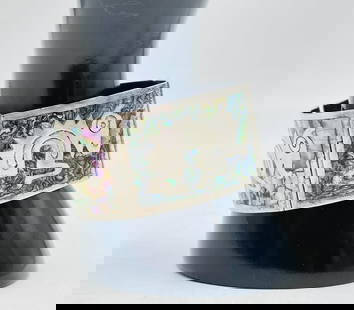 Mid-Century Mexican Silver & Abalone Bracelet by Jose H. Flores, 1950s, Signed: Striking vintage sterling silver bracelet by Mexican artisan Jose H. Flores (JHF), handcrafted in the 1950s. This articulated piece features vibrant abalone shell inlay with repeating abstract animal