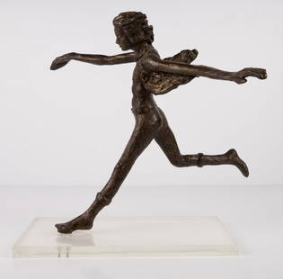 Figurative Bronze Sculpture "Shirt-Tails" by Victor Salmones, Signed & Numbered, with COA: Charming and full of movement, this figurative bronze sculpture titled "Shirt-Tails" is an original work by acclaimed Mexican-American artist Victor Salmones. The sculpture depicts a youthful, joyful