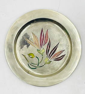 Rare Los Castillo Silver Tray with Plique-à-Jour Enamel Tulips, Hand-Painted Reverse Panel, Taxco,: Striking and rare handcrafted silver tray by the legendary Los Castillo workshop of Taxco, Mexico. This exceptional piece features a vivid plique-à-jour enamel tulip motif in pinks, reds, greens and
