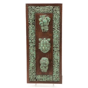 1967 Aztec Wall Plaque by El Arte Azteca – Malachite Mosaic Sculpture, Mexico City