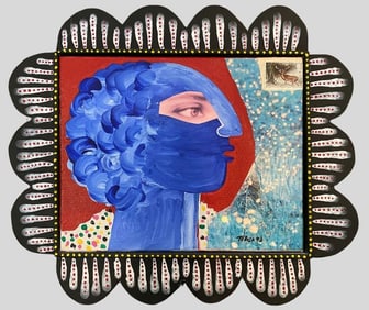 "Colorful Surrealist Mixed Media Portrait by Jesús Tellosa, Signed 1993"