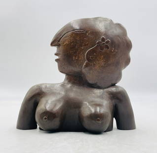 Bronze Female Torso Sculpture by Jesús Tellosa, Numbered 8/10, 2000: Vintage figurative nude sculpture by Mexican artist Jesús Tellosa (Tacámbaro, Michoacán, 1936–2012). Cast in solid bronze, this expressive and stylized bust presents a female figure with abstract