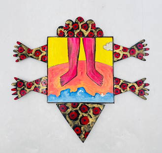 "Vibrant Feet Over Earth and Sea – Tellosa 2001": Striking mixed media wall sculpture by renowned Mexican artist Jesús Tellosa (1936–2012), known for his vibrant folk-modernist style. Created in metal and wood with enamel paint, the work features