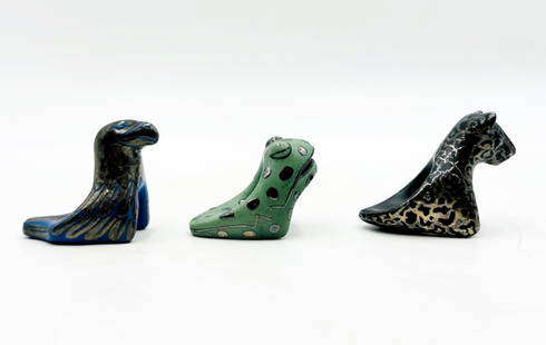 Set of 3 Porcelain & Pure Silver Animal Napkin Rings by Emilia Castillo, Signed 1992: Charming trio of collectible animal-themed napkin rings designed and handcrafted by celebrated Mexican artist Emilia Castillo, known for her imaginative creations in silver and ceramic. Each piece is