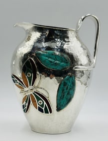 Emilia Castillo Hammered Silverplate Pitcher with Butterfly & Malachite Inlay, Signed