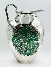 Massive Emilia Castillo Silverplate Pitcher with Inlaid Monstera Leaf – Signed, Hallmarked