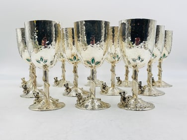 Set of 12 Jaguar Stem Goblets by Emilia Castillo | Silver Plate & Enamel, Signed, Mexico