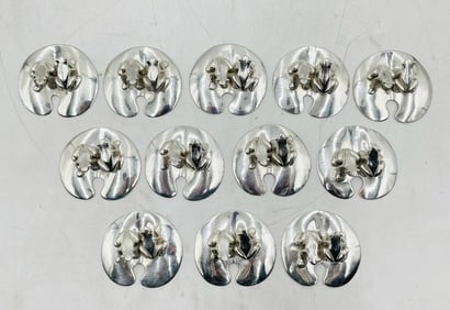 Set of 12 Silver-Plated “Frog on Lily Pad” Place Card Holders by Emilia Castillo, Taxco