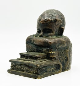 Charming Bronze Sculpture of Boy with Books by Victor Salmones, Signed, Mexico, ca. 1970s