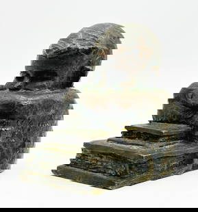 Charming Bronze Sculpture of Boy with Books by Victor Salmones, Signed, Mexico, ca. 1970s: Delightful small-scale bronze sculpture by celebrated Mexican artist Victor Salmones (1937–1989), depicting a young boy resting his head atop a stack of books — a touching tribute to childhood cur