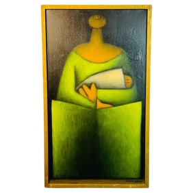 “Maternidad” by Jesús Leuus, Signed 1965 Mexican Modernist Oil on Masonite