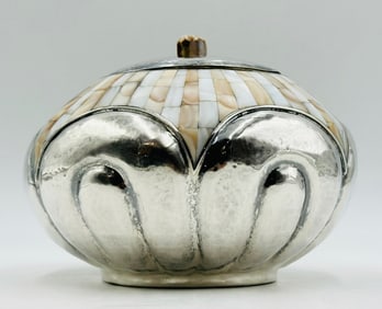 Los Castillo Mexican Silverplate Lidded Bowl with Mother of Pearl Inlay, Mexico 1960's