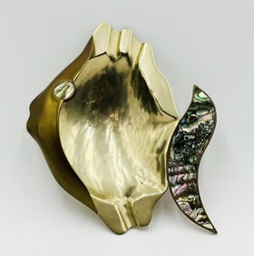 Mexican Modernist Fish Bowl in Brass, Copper & Abalone Inlay by Metales Casados, Marked