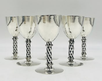 Set of 6 Los Castillo Silver-Plated Wine Goblets with Twisted Stem Design, Taxco, Mexico