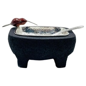 Volcanic Rock & Silverplate “Molcajete” Bowl by Emilia Castillo with Jasper Bird & Spoon