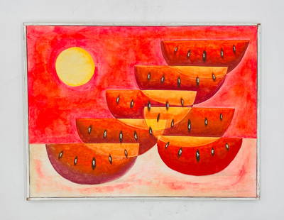 *“Sol y Sandías” – Vintage Mexican Oil Painting by Gustavo Martínez (b. 1941), Signed: Vibrant and nostalgic, this signed oil on canvas by Mexican artist Gustavo Martínez (born 1941) is titled “Sol y Sandías&rdquo;, or “Sun and Watermelons.&rdquo; In this captivating composition,