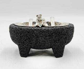 Striking Silverplate & Volcanic Rock Molcajete Set by Emilia Castillo, Jaguar Detail & Spoons