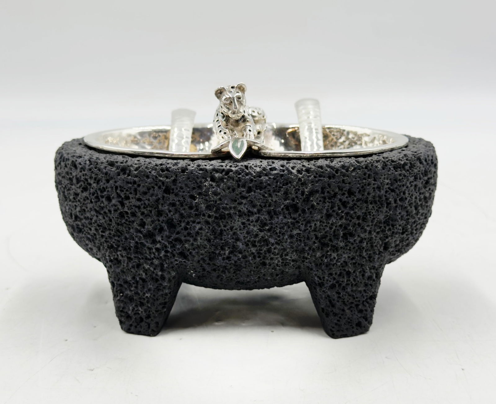 Striking Silverplate & Volcanic Rock Molcajete Set by Emilia Castillo, Jaguar Detail & Spoons (1 of 19)