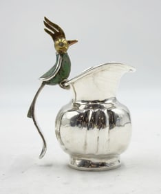 Los Castillo “Bird of Paradise” Creamer Pitcher, Silverplate & Malachite Inlay, Mexico 1970s