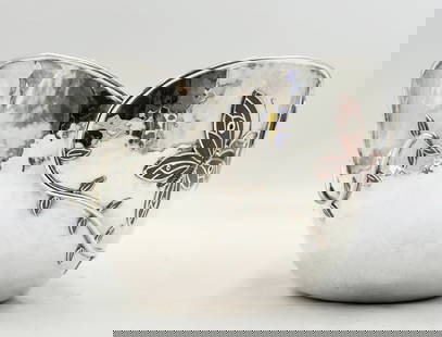 Whimsical Butterfly Ice Bucket by Emilia Castillo, Silverplate with Jasper & Turquoise Inlay: Striking and sculptural silverplate ice bucket by renowned Mexican designer Emilia Castillo, beautifully adorned with inlaid red jasper butterflies and crushed turquoise leaves. The piece showcases Ca