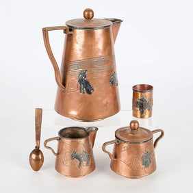 5-Piece Copper & Sterling Inlay Tea Set by Cony for Victoria Taxco, Marked “267”