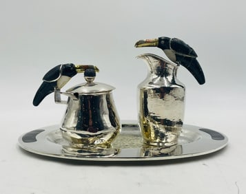 Silverplated Toucan Tea Set with Jasper & Onyx Inlay by Emilia Castillo