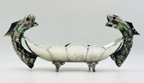 Mexican Silver Plate Center Bowl with Abalone Inlaid Fish Handles, Taxco