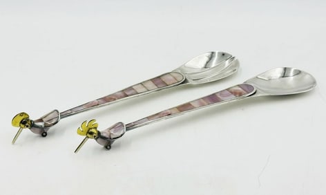 Los Castillo Bird of Paradise Silver & Mother of Pearl Serving Utensils, Taxco