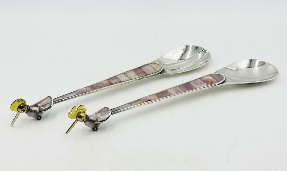 Los Castillo Bird of Paradise Silver & Mother of Pearl Serving Utensils, Taxco (1 of 17)