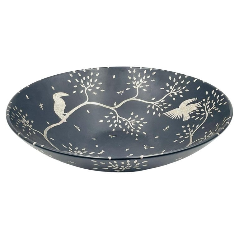 Large Silver Plated Serving Bowl With Malachite Inlay By